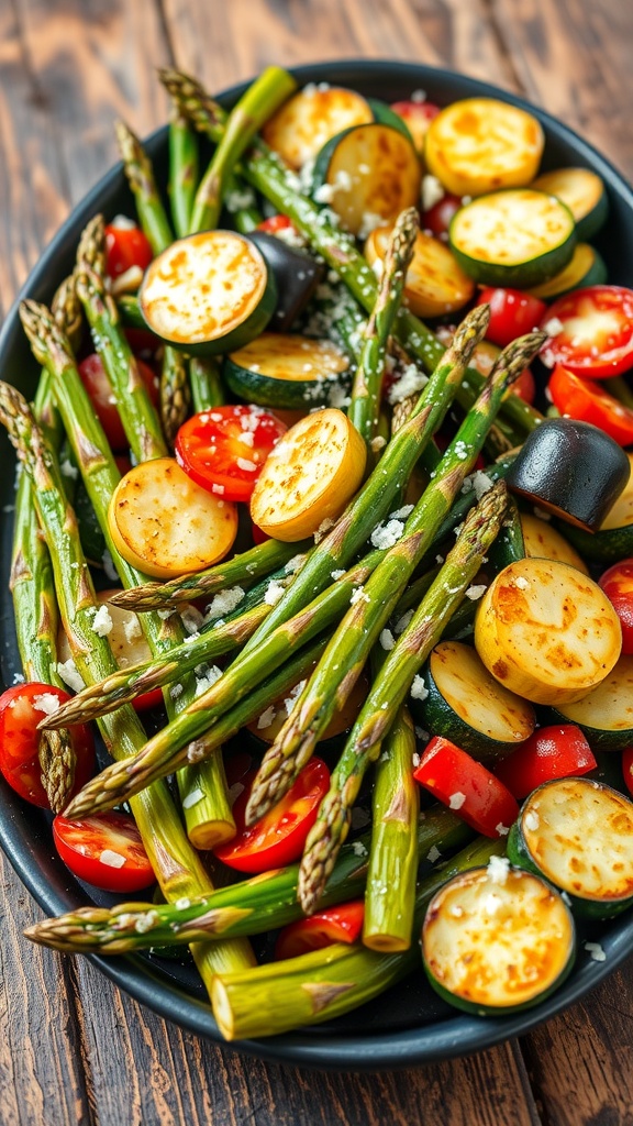 Baked asparagus and zucchini medley on a platter with parmesan cheese.